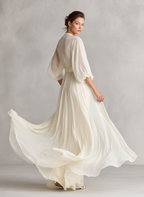 Women’s Ivory Sheer Chiffon Wrap Dress with Puff Sleeves – Romantic Luxe Maxi Style