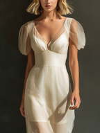Women’s Ivory Sheer Chiffon Maxi Dress — Puff Sleeve V-Neck Empire Waist Elegant Flowing Dress