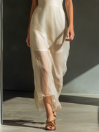 Women’s Ivory Sheer Chiffon Maxi Dress — Puff Sleeve V-Neck Empire Waist Elegant Flowing Dress