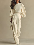 Women's Ivory Textured Set With Ribbed Crew Neck & High-Waisted Bottoms, Modern Sophisticated Style Set MDA2231L6I