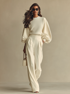 Women's Ivory Textured Set With Ribbed Crew Neck & High-Waisted Bottoms, Modern Sophisticated Style Set MDA2231L6I
