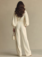 Women's Ivory Textured Set With Ribbed Crew Neck & High-Waisted Bottoms, Modern Sophisticated Style Set MDA2231L6I