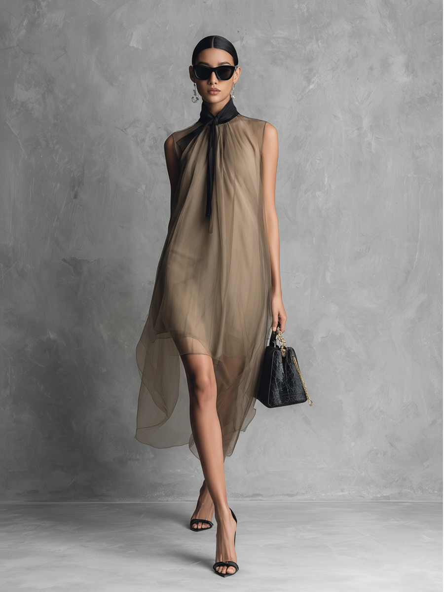 Women’s Light Luxury Khaki & Brown Color-Blocked Chiffon Sleeveless Dress – Elegant Flowing Irregular Hem Style