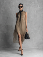 Women’s Light Luxury Khaki & Brown Color-Blocked Chiffon Sleeveless Dress – Elegant Flowing Irregular Hem Style