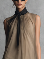 Women’s Light Luxury Khaki & Brown Color-Blocked Chiffon Sleeveless Dress – Elegant Flowing Irregular Hem Style