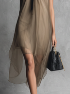 Women’s Light Luxury Khaki & Brown Color-Blocked Chiffon Sleeveless Dress – Elegant Flowing Irregular Hem Style
