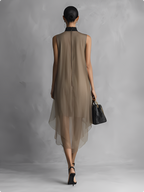 Women’s Light Luxury Khaki & Brown Color-Blocked Chiffon Sleeveless Dress – Elegant Flowing Irregular Hem Style