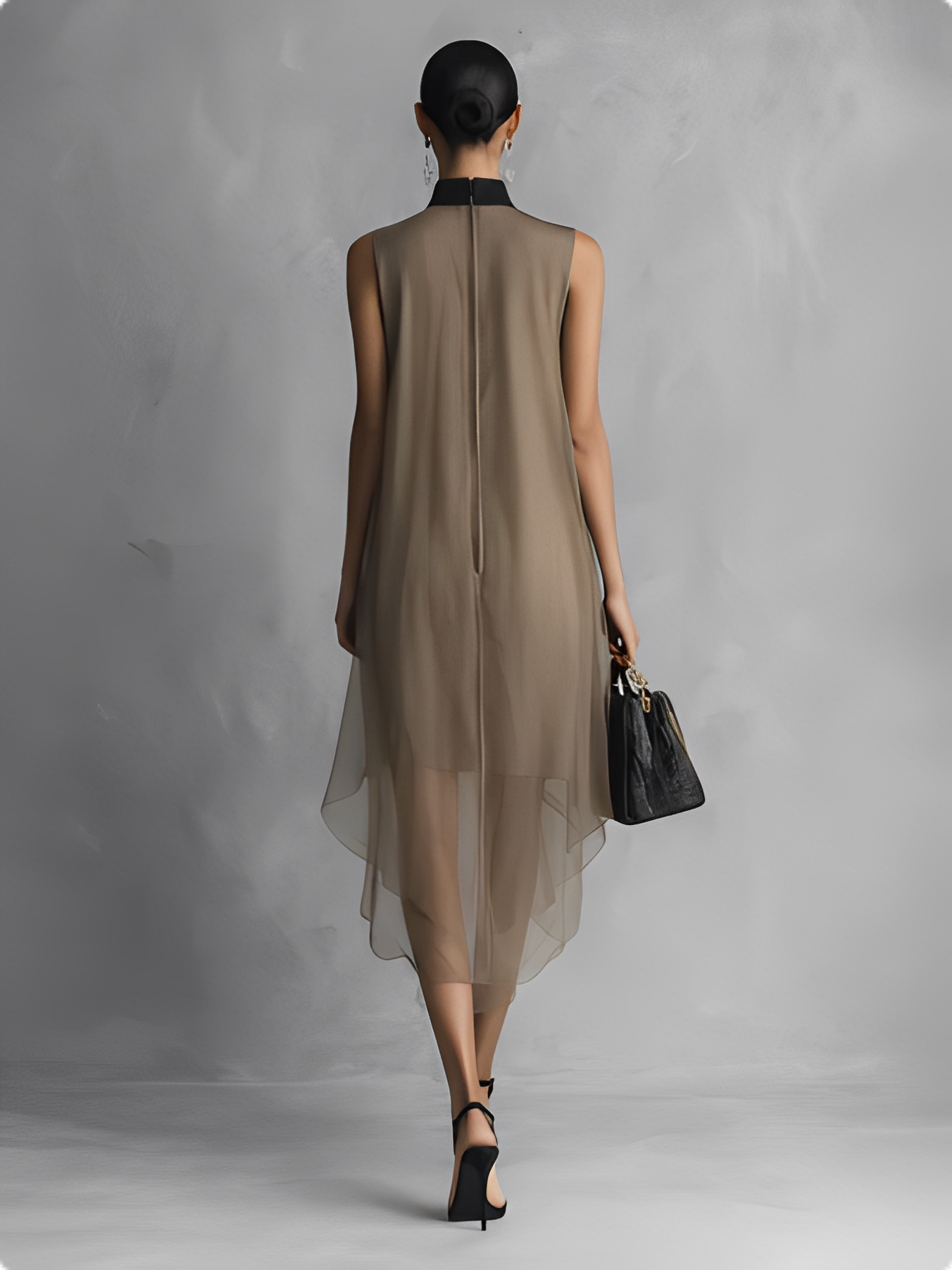 Women’s Light Luxury Khaki & Brown Color-Blocked Chiffon Sleeveless Dress – Elegant Flowing Irregular Hem Style