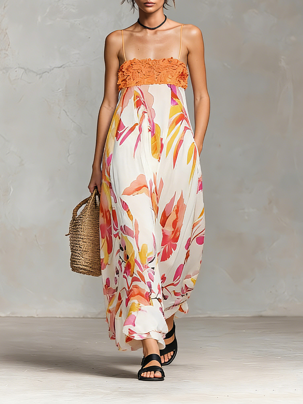 Women’s Minimalist Chiffon Floral Print Spaghetti Strap Maxi Dress – Elegant Feminine Style