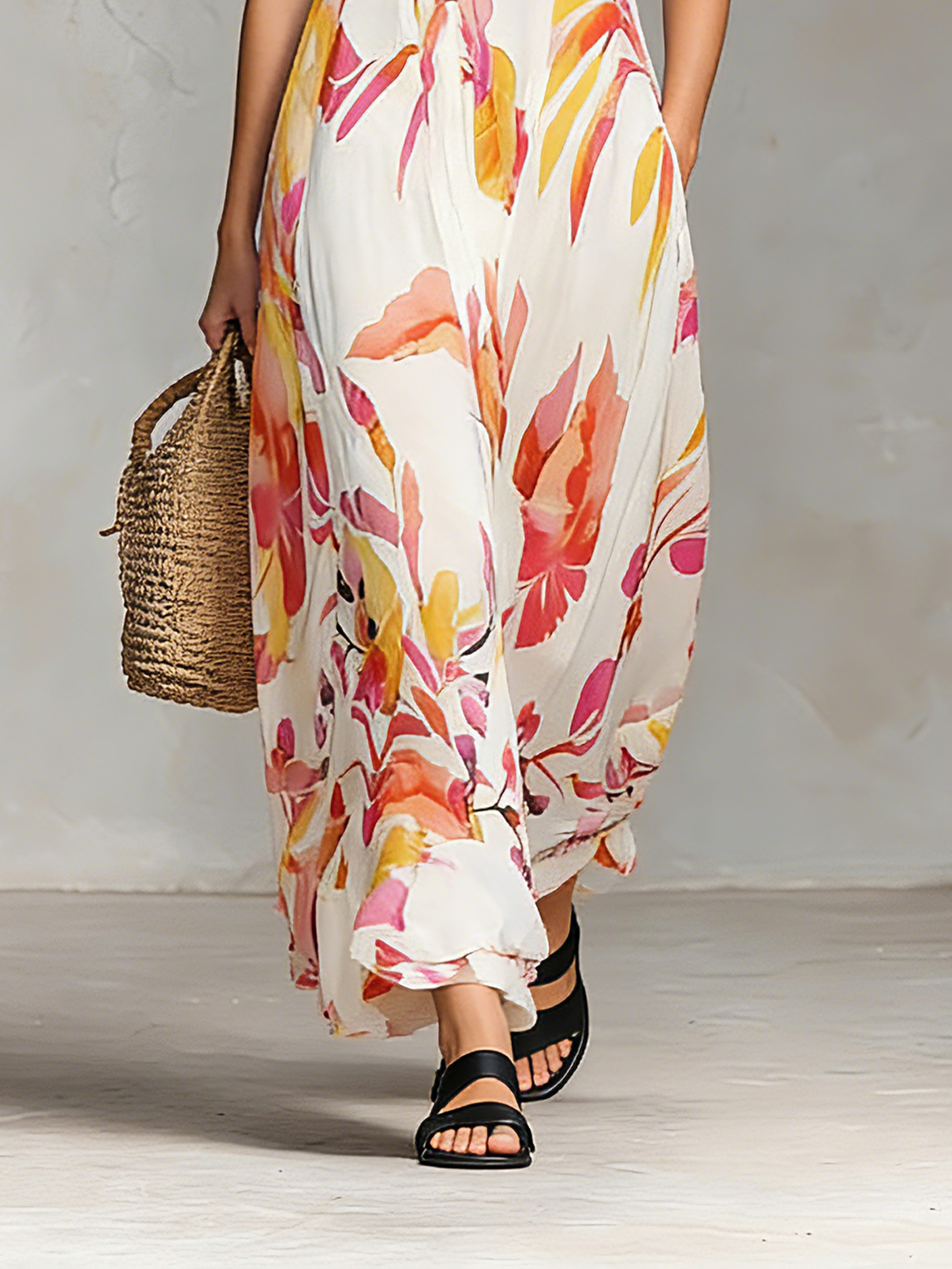 Women’s Minimalist Chiffon Floral Print Spaghetti Strap Maxi Dress – Elegant Feminine Style