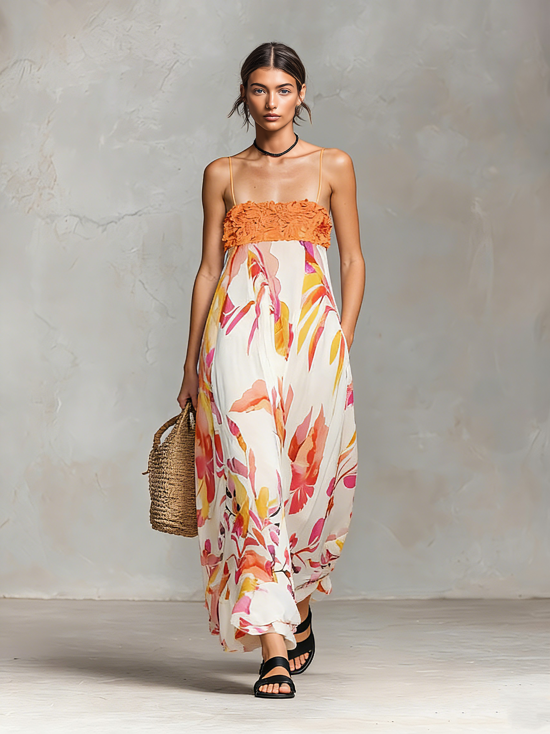 Women’s Minimalist Chiffon Floral Print Spaghetti Strap Maxi Dress – Elegant Feminine Style
