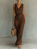 Women’s Minimalist Cowl Neck Sleeveless Belted Maxi Dress — Elegant Draped Silhouette Evening & Daywear