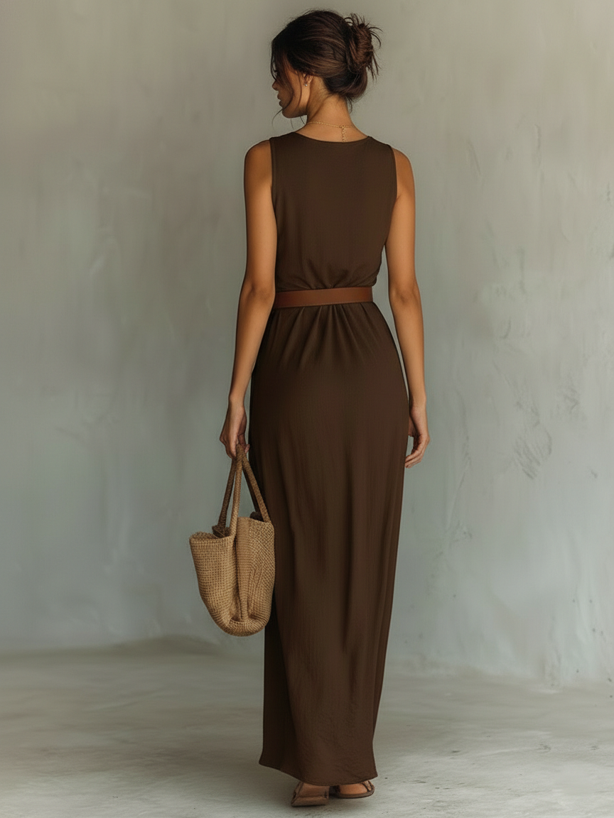 Women’s Minimalist Cowl Neck Sleeveless Belted Maxi Dress — Elegant Draped Silhouette Evening & Daywear