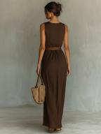 Women’s Minimalist Cowl Neck Sleeveless Belted Maxi Dress — Elegant Draped Silhouette Evening & Daywear