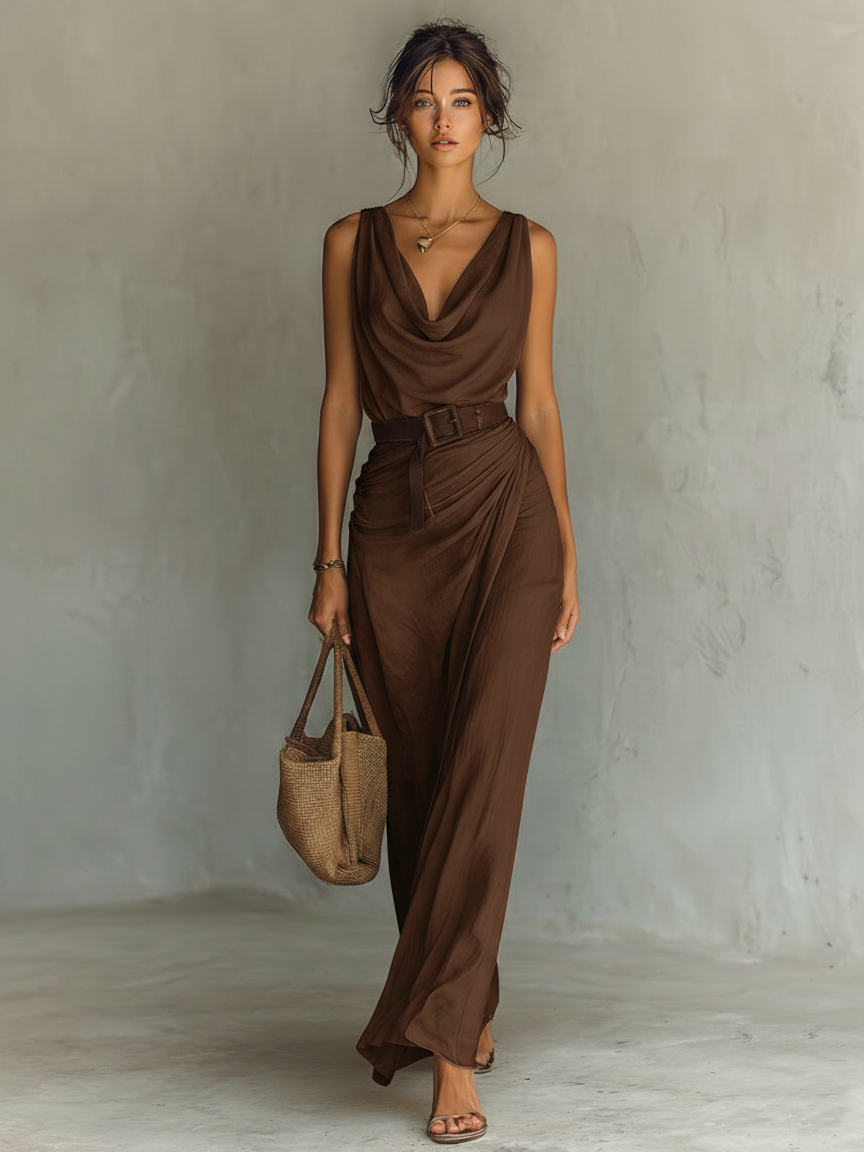 Women’s Minimalist Cowl Neck Sleeveless Belted Maxi Dress — Elegant Draped Silhouette Evening & Daywear