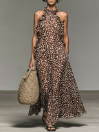Women’s Minimalist Deer Print Chiffon Maxi Dress with Ruffled Collar – Nature-Inspired Sleeveless Style