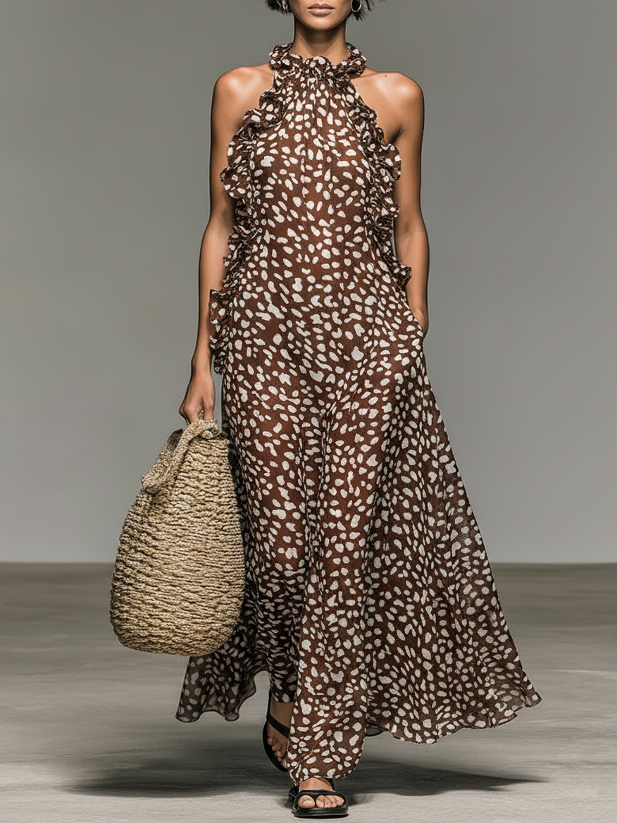 Women’s Minimalist Deer Print Chiffon Maxi Dress with Ruffled Collar – Nature-Inspired Sleeveless Style