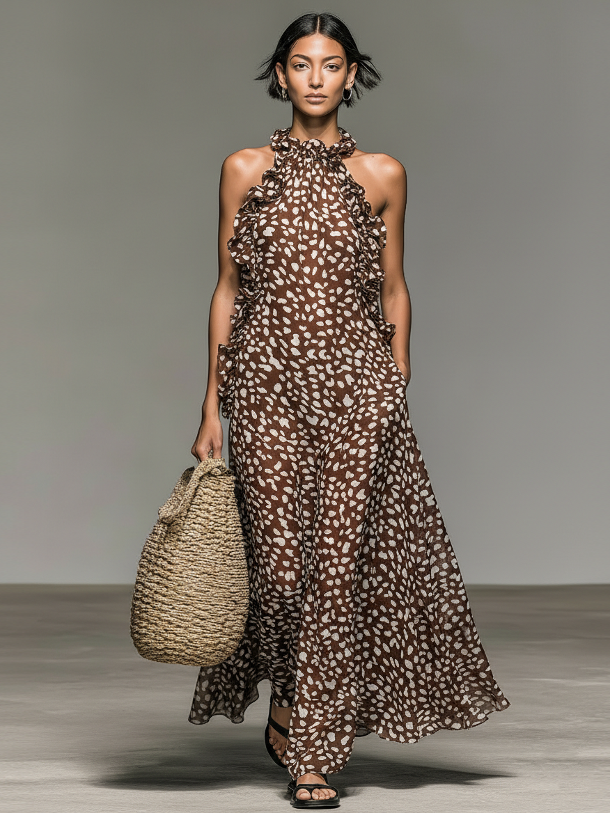 Women’s Minimalist Deer Print Chiffon Maxi Dress with Ruffled Collar – Nature-Inspired Sleeveless Style