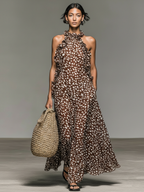 Women’s Minimalist Deer Print Chiffon Maxi Dress with Ruffled Collar – Nature-Inspired Sleeveless Style