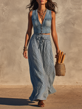 Women’s Denim Cropped Vest & Striped Midi Skirt Set — Minimalist Chic Two-Piece Outfit