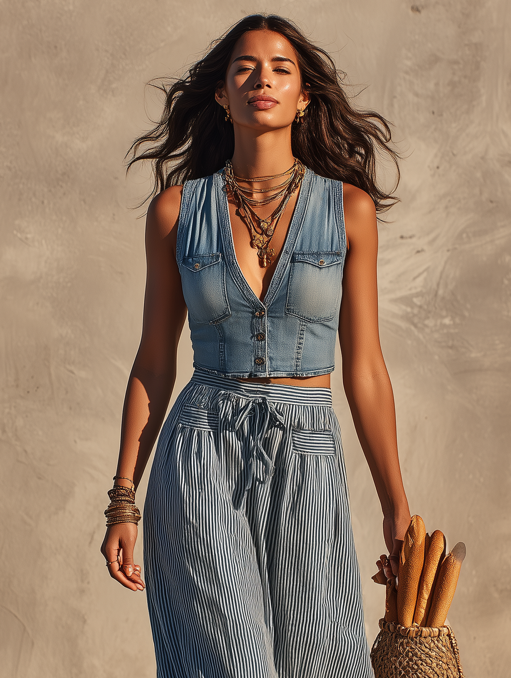 Women’s Denim Cropped Vest & Striped Midi Skirt Set — Minimalist Chic Two-Piece Outfit