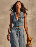 Women’s Denim Cropped Vest & Striped Midi Skirt Set — Minimalist Chic Two-Piece Outfit
