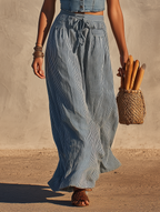Women’s Denim Cropped Vest & Striped Midi Skirt Set — Minimalist Chic Two-Piece Outfit