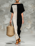 Women’s Minimalist Knitted Boat Neck Maxi Dress — Short Sleeve Elegant Everyday Knitwear