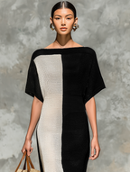 Women’s Minimalist Knitted Boat Neck Maxi Dress — Short Sleeve Elegant Everyday Knitwear