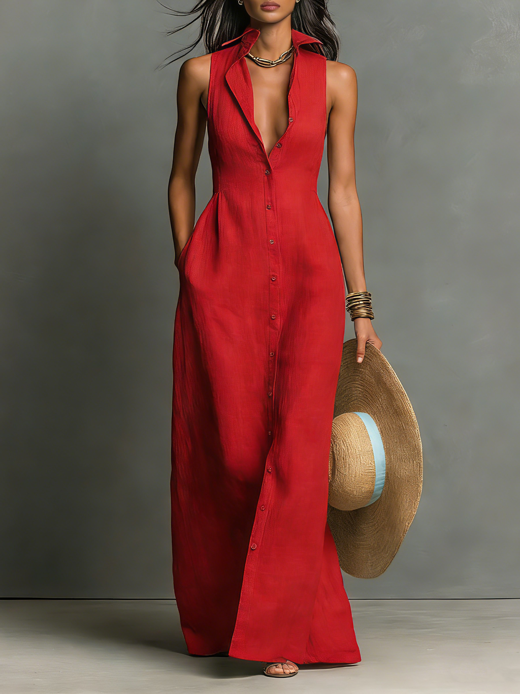 Women’s Minimalist Linen-Blend Collared Single-Breasted Sleeveless Maxi Shirt Dress – Timeless Chic Essential