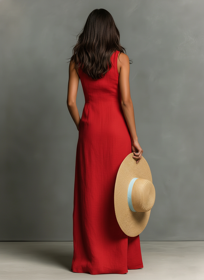 Women’s Minimalist Linen-Blend Collared Single-Breasted Sleeveless Maxi Shirt Dress – Timeless Chic Essential