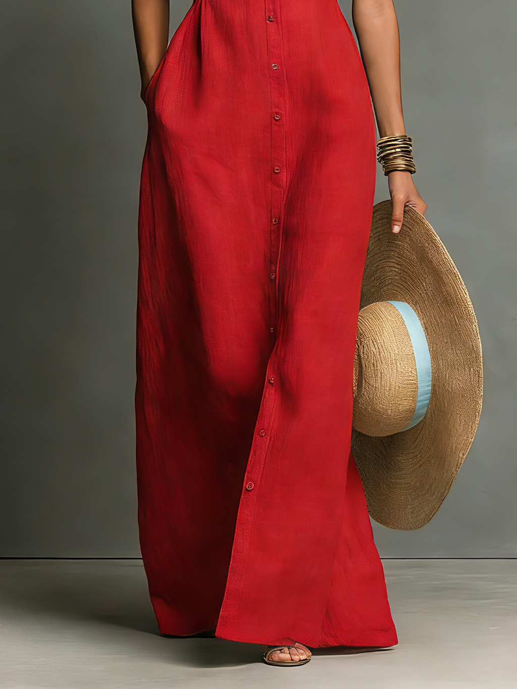 Women’s Minimalist Linen-Blend Collared Single-Breasted Sleeveless Maxi Shirt Dress – Timeless Chic Essential