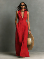 Women’s Minimalist Linen-Blend Collared Single-Breasted Sleeveless Maxi Shirt Dress – Timeless Chic Essential