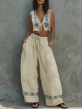 Women’s Minimalist Linen-Blend Two-Piece Set — Tie-Front Vest & Embroidered Wide-Leg Pants, Chic Summer Outfit