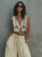 Women’s Minimalist Linen-Blend Two-Piece Set — Tie-Front Vest & Embroidered Wide-Leg Pants, Chic Summer Outfit