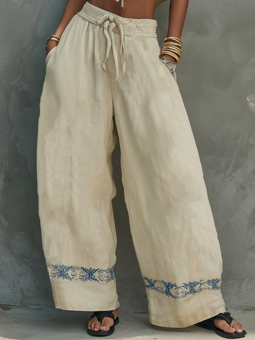 Women’s Minimalist Linen-Blend Two-Piece Set — Tie-Front Vest & Embroidered Wide-Leg Pants, Chic Summer Outfit