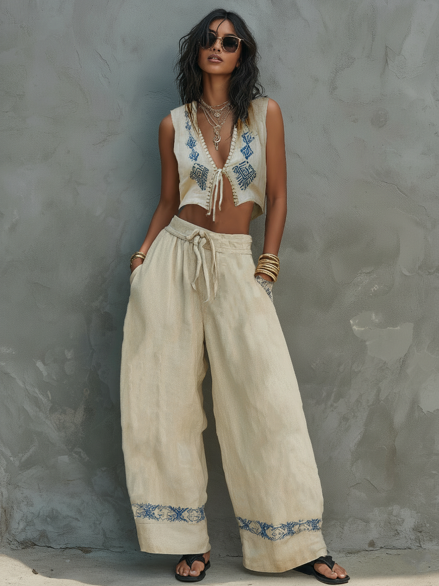 Women’s Minimalist Linen-Blend Two-Piece Set — Tie-Front Vest & Embroidered Wide-Leg Pants, Chic Summer Outfit