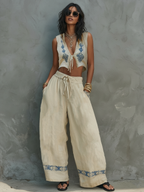 Women’s Minimalist Linen-Blend Two-Piece Set — Tie-Front Vest & Embroidered Wide-Leg Pants, Chic Summer Outfit