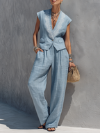 Women’s Linen-Blend Two-Piece Set — V-Neck Embroidered Vest & Wide-Leg Trousers, Minimalist Chic Outfit