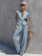 Women’s Linen-Blend Two-Piece Set — V-Neck Embroidered Vest & Wide-Leg Trousers, Minimalist Chic Outfit