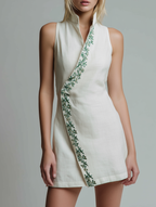 Women’s Minimalist Linen-Blend Embroidered Mini Dress — Sleeveless Stand Collar Summer Dress