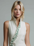 Women’s Minimalist Linen-Blend Embroidered Mini Dress — Sleeveless Stand Collar Summer Dress