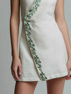 Women’s Minimalist Linen-Blend Embroidered Mini Dress — Sleeveless Stand Collar Summer Dress