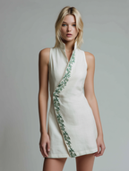 Women’s Minimalist Linen-Blend Embroidered Mini Dress — Sleeveless Stand Collar Summer Dress