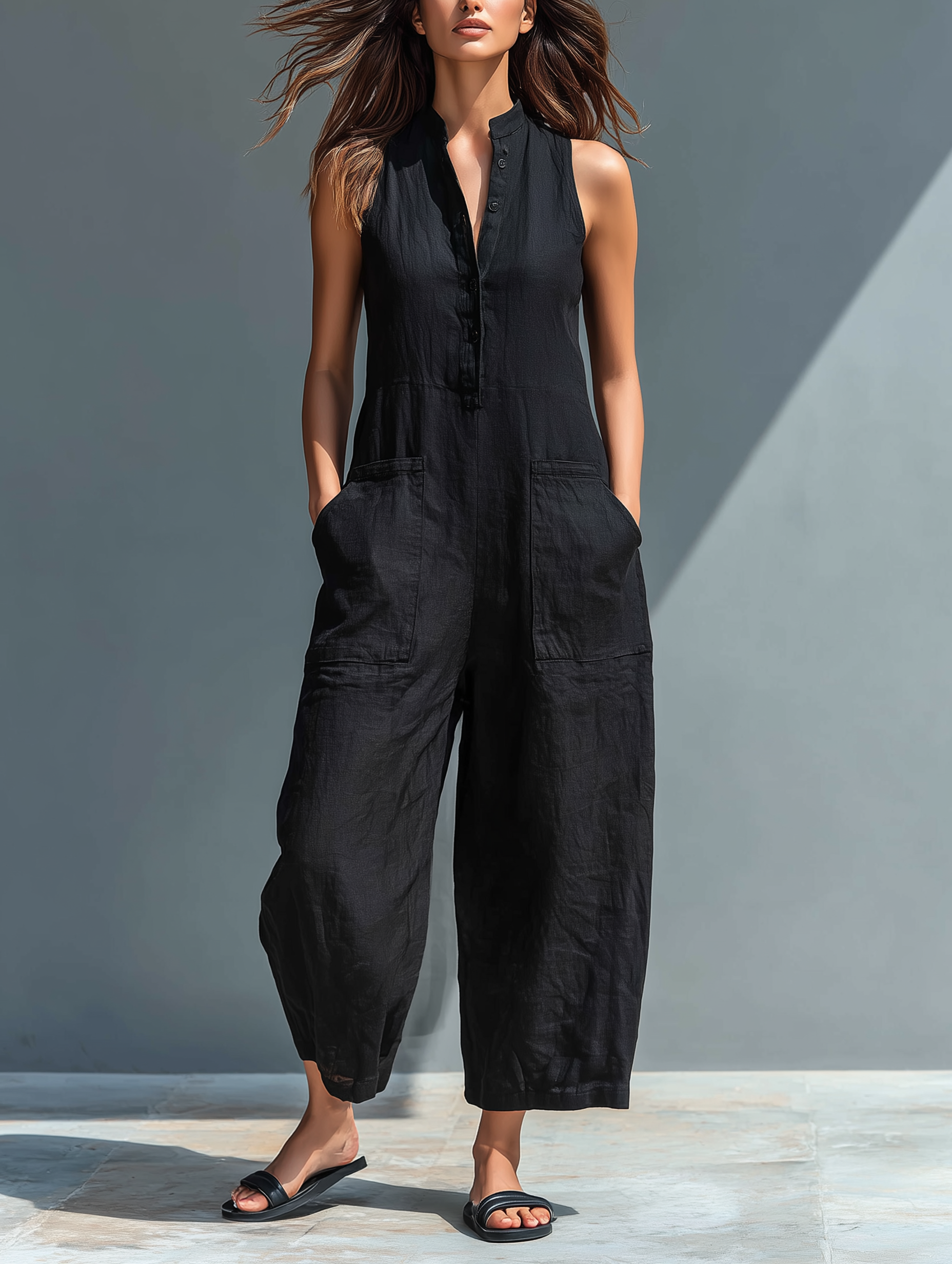 Women’s Minimalist Linen Blend Button-Up Jumpsuit – Stand Collar Sleeveless Loose Fit Full-Length Outfit