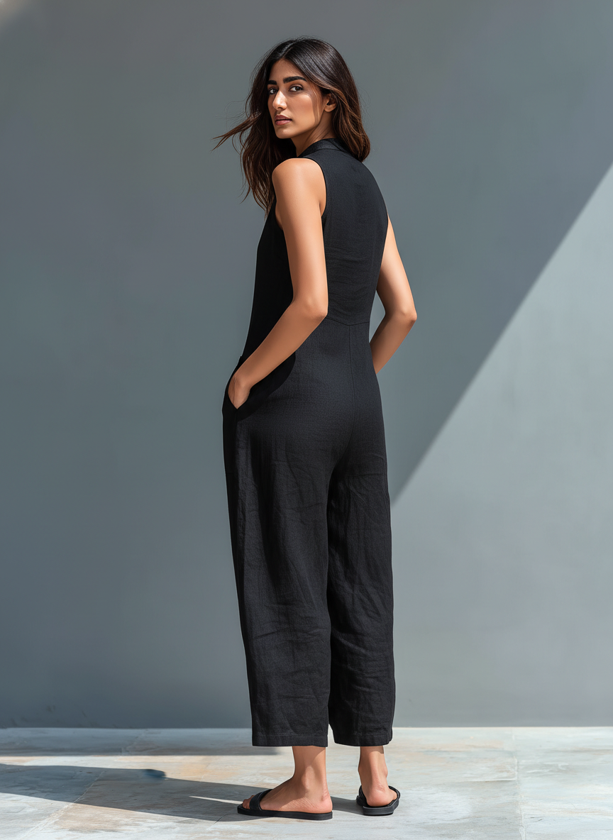Women’s Minimalist Linen Blend Button-Up Jumpsuit – Stand Collar Sleeveless Loose Fit Full-Length Outfit