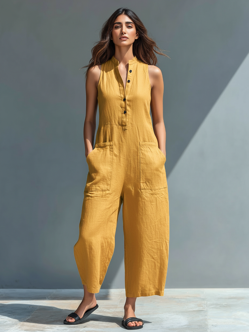 Women’s Minimalist Linen Blend Button-Up Jumpsuit – Stand Collar Sleeveless Loose Fit Full-Length Outfit