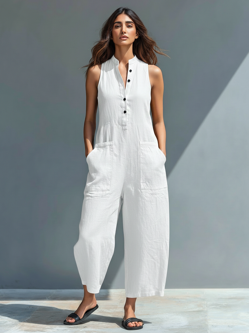 Women’s Minimalist Linen Blend Button-Up Jumpsuit – Stand Collar Sleeveless Loose Fit Full-Length Outfit