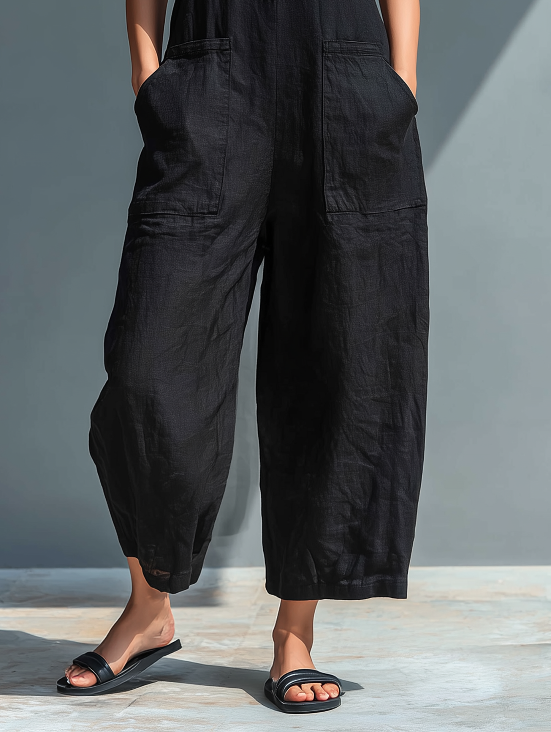 Women’s Minimalist Linen Blend Button-Up Jumpsuit – Stand Collar Sleeveless Loose Fit Full-Length Outfit