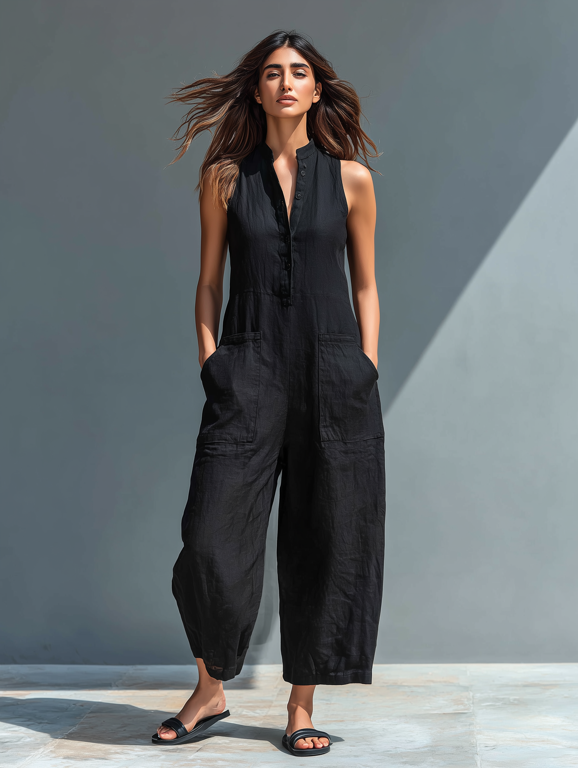 Women’s Minimalist Linen Blend Button-Up Jumpsuit – Stand Collar Sleeveless Loose Fit Full-Length Outfit